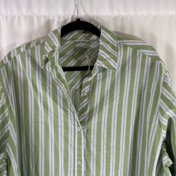 New Aerie Blouse Women's Small Green Blue Striped Long Sleeve Button Up - Picture 2 of 10